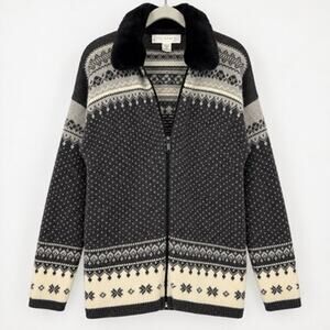111 State Vintage Fair Isle Full-Zip Cardigan Womens XL Gray Lambswool Sweater